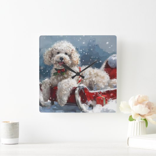 プードルドッグクリスマスフェスティバル スクエア壁時計 (ホーム)