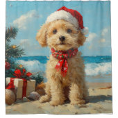プードルドッグクリスマスヴィンテージビーチ シャワーカーテン (正面)