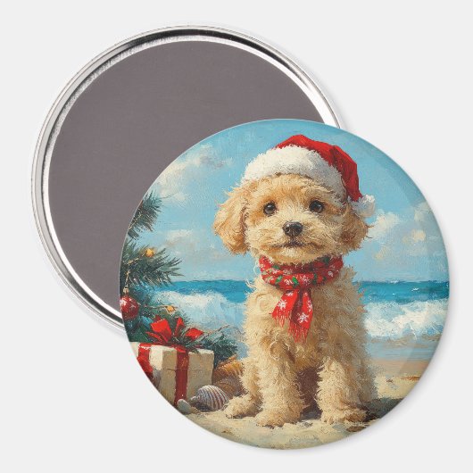 プードルドッグクリスマスヴィンテージビーチ マグネット (正面/裏面)