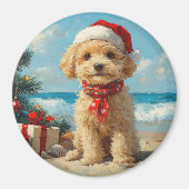 プードルドッグクリスマスヴィンテージビーチ マグネット (正面)
