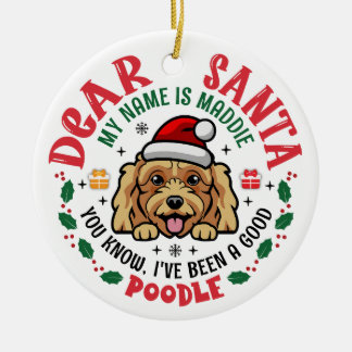プードルドッグサンタパーソナライズされたクリスマスツリーラウンド セラミックオーナメント