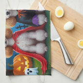 プードルドッグスパンプキンハロウィンおもしろい キッチンタオル (四つ折り)