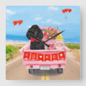 プードルドッグバレンタインデートラックハート スクエア壁時計 (正面)