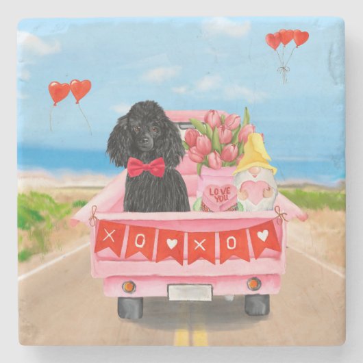 プードルドッグバレンタインデートラックハート ストーンコースター (正面)