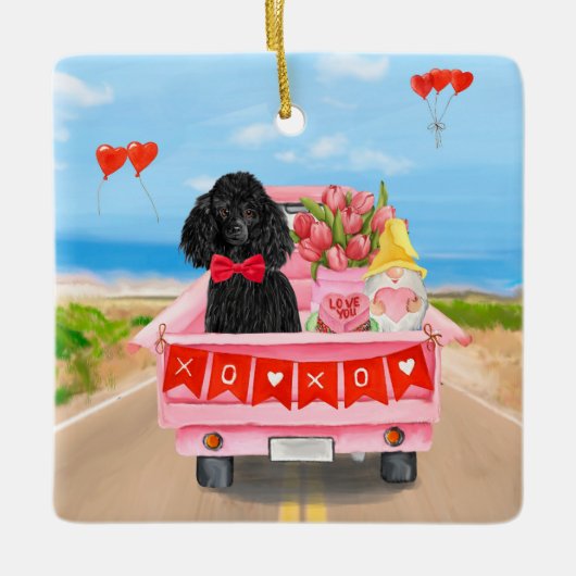 プードルドッグバレンタインデートラックハート セラミックオーナメント (正面)