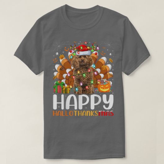 プードルドッグラバーハロウィンクリスマスハッピーハロース Tシャツ (デザイン正面)