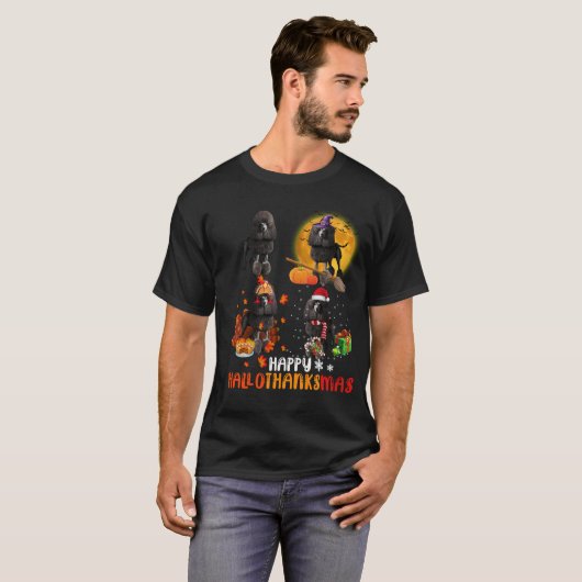 プードルハおもしろいッピーハロ感謝マスクリスマスプレゼント Tシャツ (正面フル)