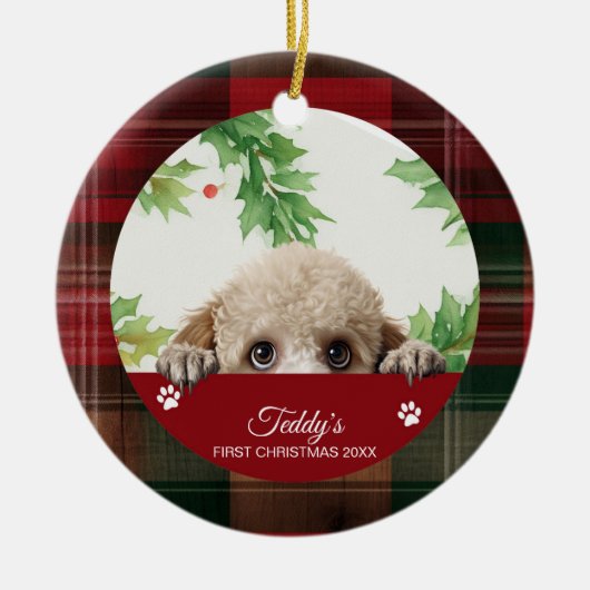 プードルパーソナライズされた初めてのクリスマス セラミックオーナメント (正面)