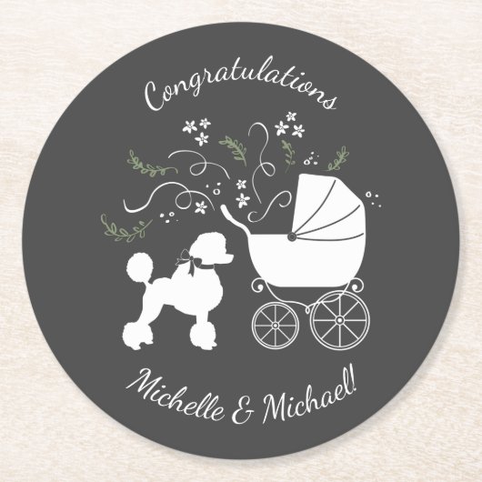 プードルフランスのドッグ赤ちゃんシャワーパピーグレー ラウンドペーパーコースター (正面)