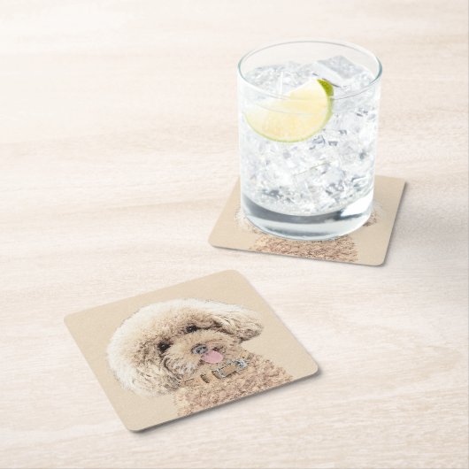 プードルミニチュアアプリコットクリームブラウンドッグアート スクエアペーパーコースター (インサイチュ)