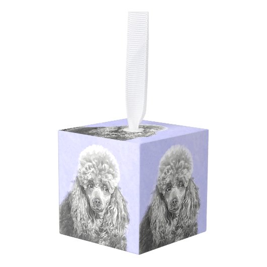プードルミニチュアトイシルバーグレーブルードッグアート キューブオーナメント (正面アングル)