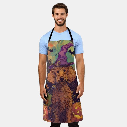 プードル不気味ドグハロウィーン魔女とカボチャ エプロン (着用した状態)