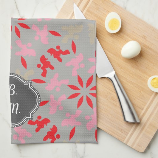 プードル柄のモノグラム キッチンタオル (四つ折り)