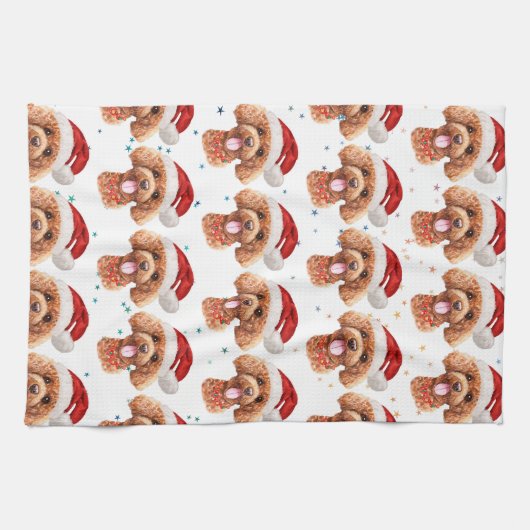 プードル犬がクリスマススターを育てる キッチンタオル (横)