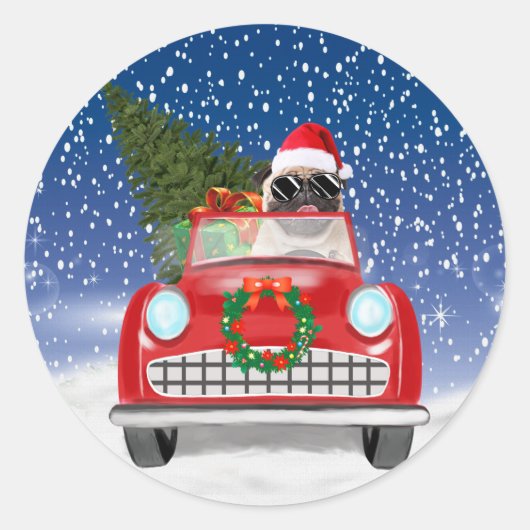プードル犬が雪の中で車を運転する クリスマス ラウンドシール (正面)