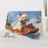 プードル犬のそりで雪を降らせて クリスマス カード (正面)
