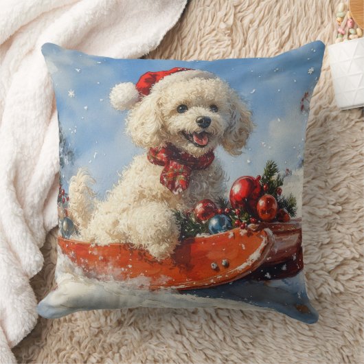 プードル犬のそりで雪を降らせて クリスマス クッション (ブランケット)