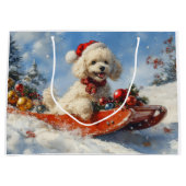 プードル犬のそり雪景色 クリスマス ラージペーパーバッグ (正面)
