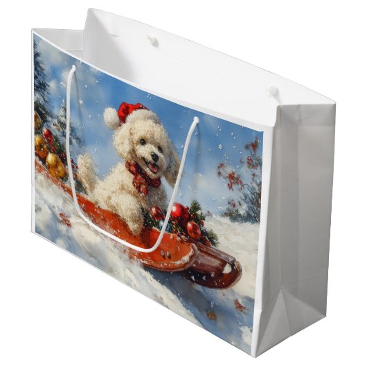 プードル犬のそり雪景色 クリスマス ラージペーパーバッグ (正面アングル)