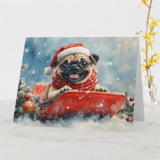 プードル犬のそり　雪を降らせて クリスマス カード (黄色い花)