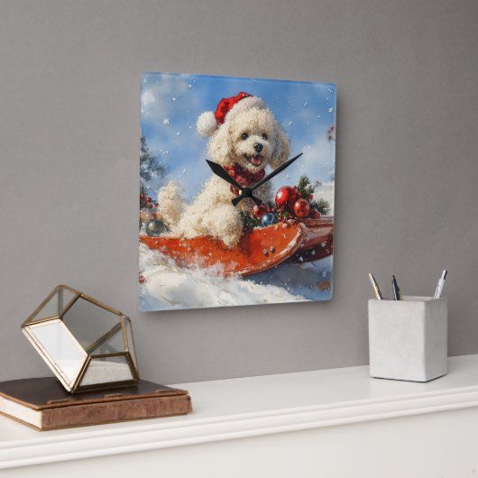 プードル犬のそり 雪を降らせて クリスマス スクエア壁時計 (オフィス)
