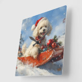 プードル犬のそり 雪を降らせて クリスマス スクエア壁時計 (傾斜)