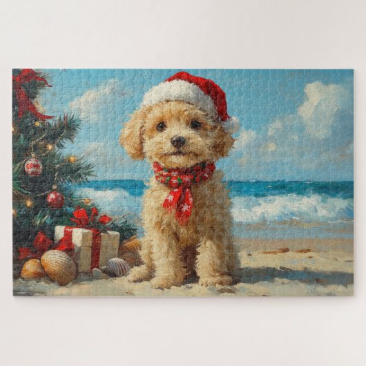 プードル犬のクリスマスヴィンテージビーチ ジグソーパズル (横)