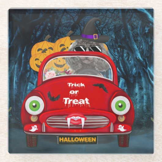 プードル犬の車の怖いハロウィーン ガラスコースター (正面)