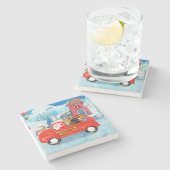 プードル犬クリスマスデリバリートラックスノー ストーンコースター (横)