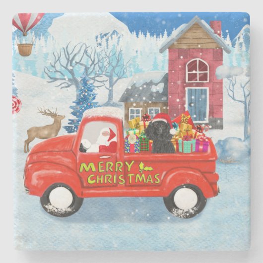 プードル犬クリスマスデリバリートラックスノー ストーンコースター (正面)