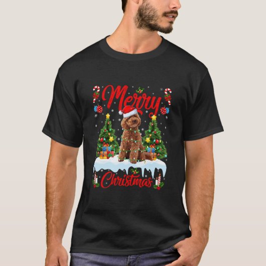 プードル犬派クリスマス照明サンタトイプードル Tシャツ (正面)