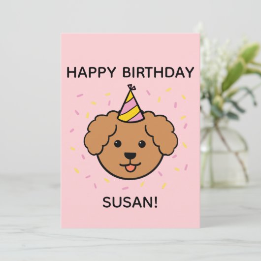 プードル犬 |ピンク&イエロー誕生日フラット カード (スタンド正面)