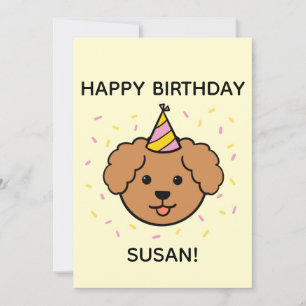 プードル犬 ピンク&イエロー誕生日フラット カード