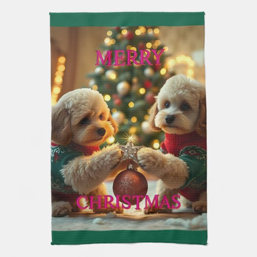 プードル祝の二つのクリスマス キッチンタオル (縦)