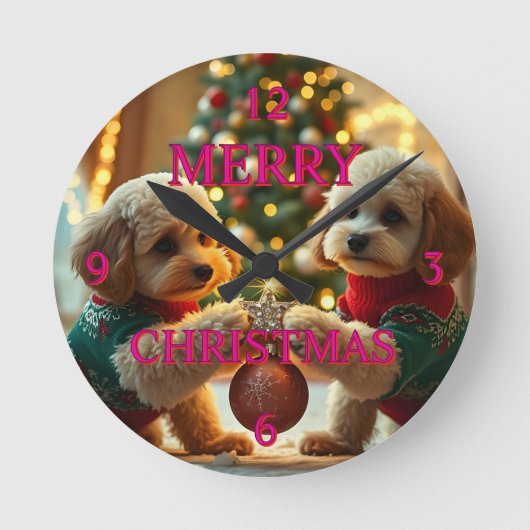 プードル祝の二つのクリスマス ラウンド壁時計 (正面)
