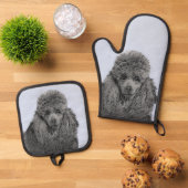 プードル絵を描のミニチュアトイブラックペットドッグアート 鍋つかみ&鍋敷きセット (トップダウン)