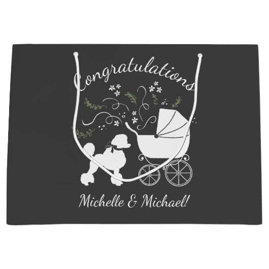 プードル·ドッグ·ベイビー·シャワー子犬のグレー男女兼用 ラージペーパーバッグ (正面)