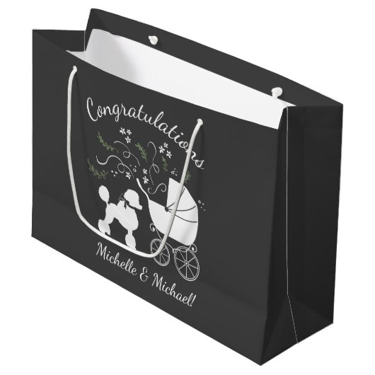 プードル·ドッグ·ベイビー·シャワー子犬のグレー男女兼用 ラージペーパーバッグ (正面アングル)