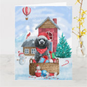 プードル 犬の雪のクリスマス ドッグハウス カード (黄色い花)