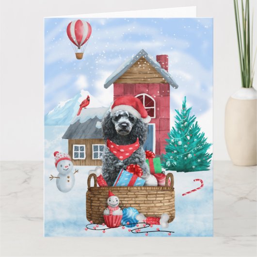 プードル 犬 雪のクリスマス ドッグハウス カード (正面)