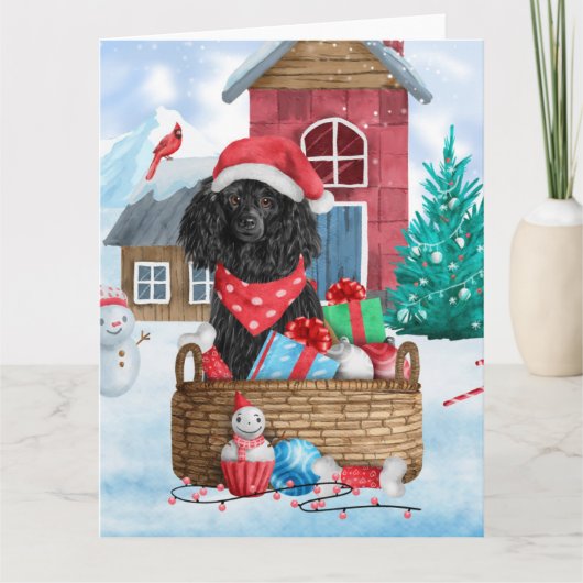 プードル 犬 雪のクリスマス ドッグハウス カード (正面)