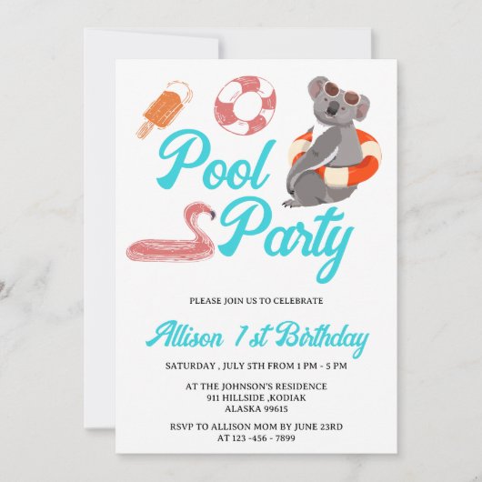プールおもしろいパーティー誕生日 招待状 (正面)