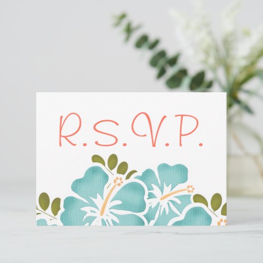 プールおよび珊瑚のハイビスカスRSVPの結婚式の応答カード 出欠カード (スタンド正面)