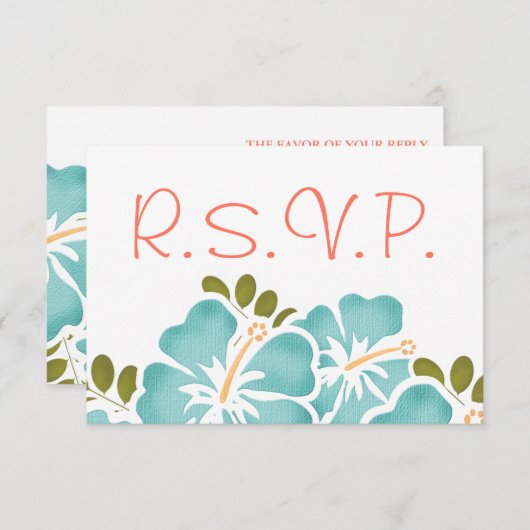 プールおよび珊瑚のハイビスカスRSVPの結婚式の応答カード 出欠カード (正面/裏面)
