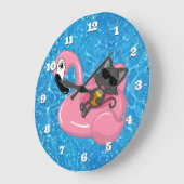 プールかわいい猫フラミンゴブルーウォーター ラージ壁時計 (傾斜)