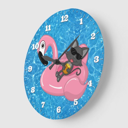 プールかわいい猫フラミンゴブルーウォーター ラージ壁時計 (傾斜)