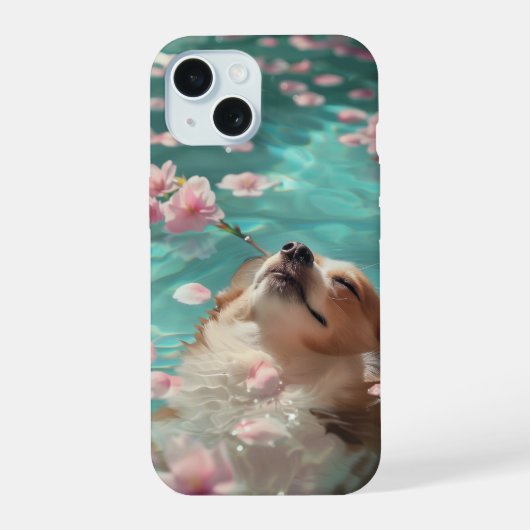 プールでくつろぐキュートなコーギー iPhone 15ケース (裏面)