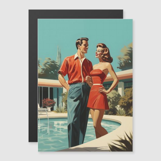 プールでの50年代のカップル マグネット招待状 (正面/裏面)