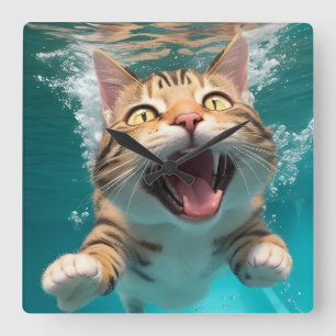 プールで水中ダイビングをかわいい猫おもしろい スクエア壁時計
