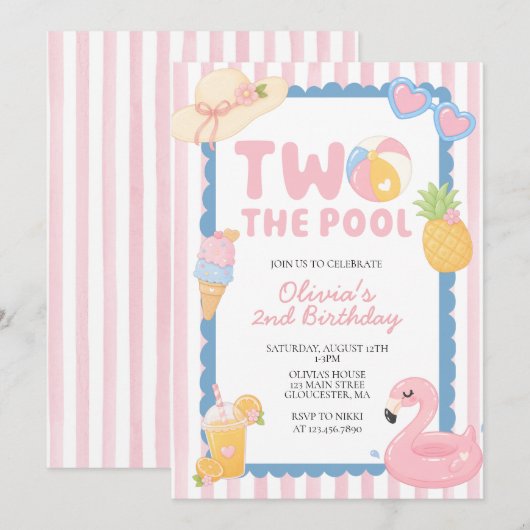 プールで2才の夏の誕生日パーティー 招待状 (正面/裏面)